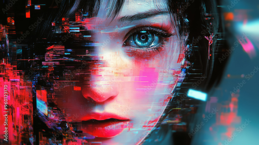 Abstract digital glitch art illustration of portrait of a woman with blue eyes. Futuristic concept for design and print, poster, banner. 