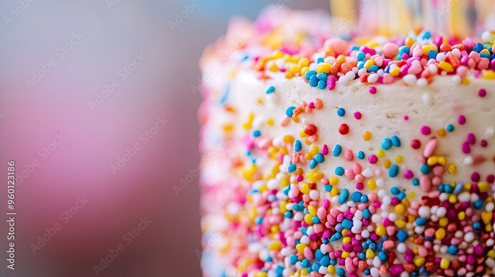 A close-up of a colorful cake covered in vibrant sprinkles, perfect for celebrations.