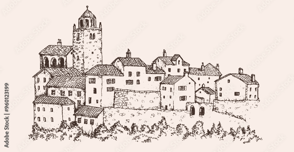 Hand drawn old city or medieval castle in monochrome color. Sketch urban panoramic vector illustration. Hand drawn old city or medieval castle in monochrome color. Sketch urban panoramic vector illustration.
