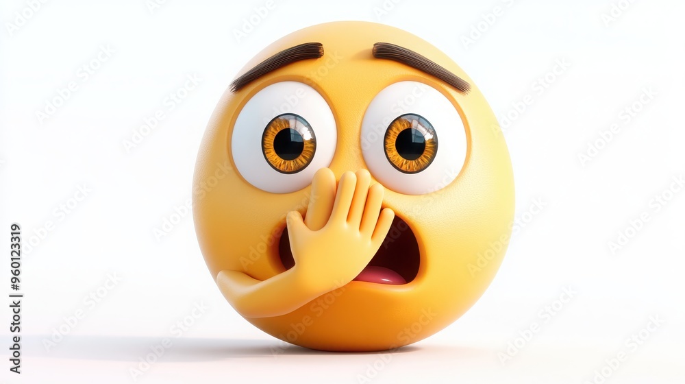 A 3D cartoon emoji with a shocked expression, wide eyes, and a hand covering its mouth, showing surprise or disbelief, on a white background 