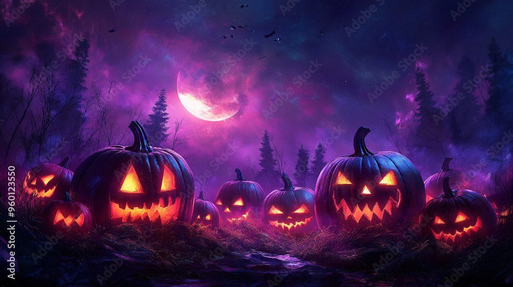 Fototapeta premium Halloween Pumpkin Patch: A spooky, mystical forest scene illuminated by glowing jack-o-lanterns and a crescent moon. A perfect backdrop for a Halloween celebration, or to evoke a sense of eerie myster