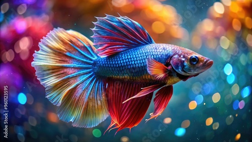 Vibrant, Close-Up Image Of A Colorful Betta Fish Swimming In Clear Water With Intricate, Shimmering Designs. photo