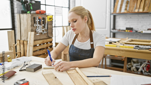 A focused young woman measuring wood in a well-equipped carpentry workshop.