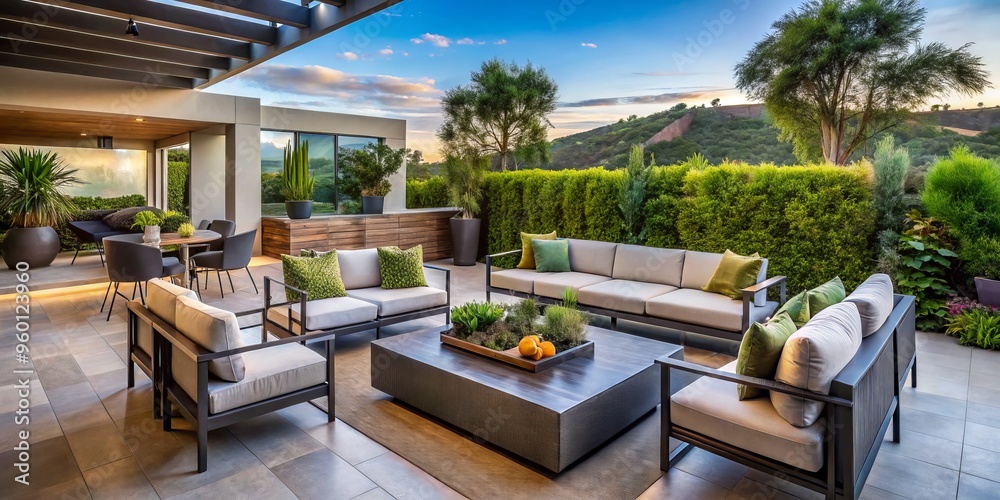 Modern outdoor living space with upscale patio furniture and lush greenery in a scenic San Diego setting Modern outdoor living space with upscale patio furniture and lush greenery in a scenic San Diego setting