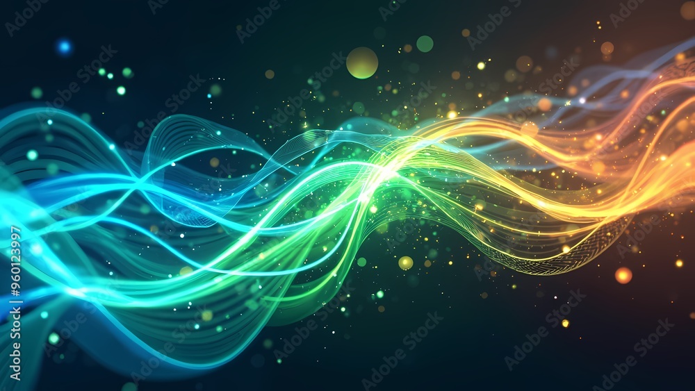 Fototapeta premium High-Energy Neon Ribbons of Blue and Green Light on a Dark Background