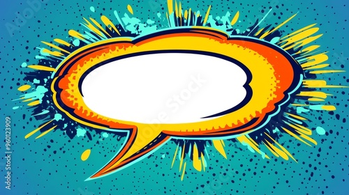 A vibrant comic speech bubble set against an explosive, colorful background. The dynamic art style is lively and reminiscent of classic comic book illustrations. photo