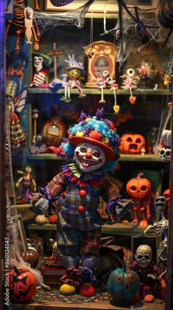 Fototapeta premium Creepy Clown Doll Display with Pumpkins and Skeletons