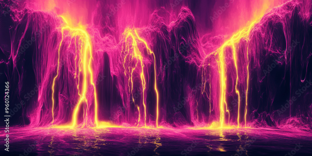 Naklejka premium A neon lighting background featuring a cascading waterfall of neon pink and yellow light, with the glowing streams forming a mesmerizing, fluid pattern.