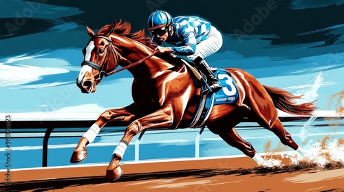 Illustration of a brown horse and jockey racing at high speed, depicting the thrill and competitive nature of racehorse sports on a well-detailed track background.