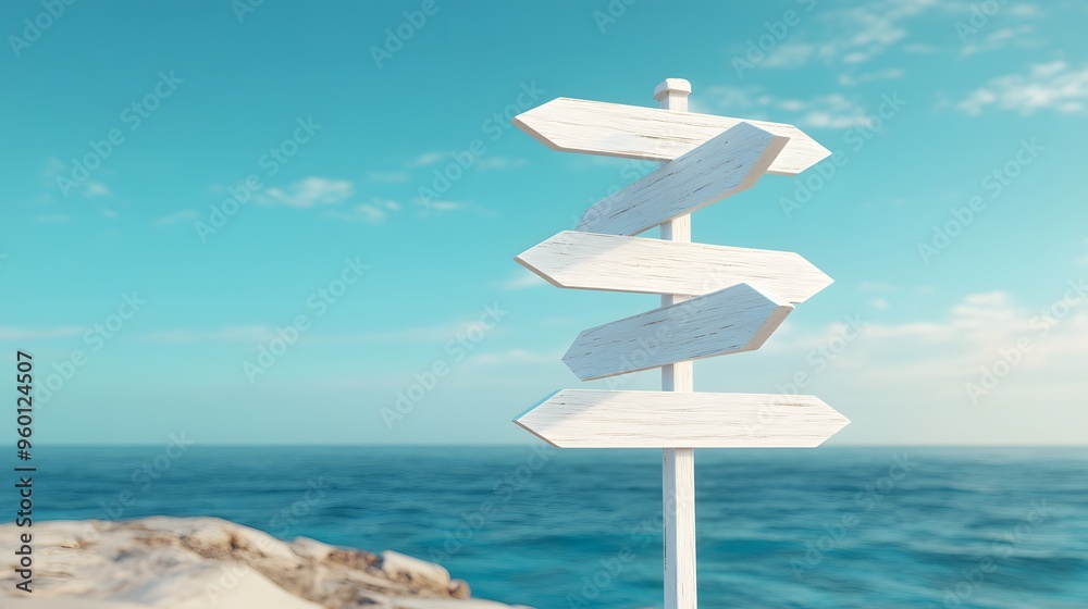White wooden directional sign post, multiple blank arrows, clear blue sky background, minimalist design, clean and simple, 3D rendering, high contrast, soft shadows. White wooden directional sign post, multiple blank arrows, clear blue sky background, minimalist design, clean and simple, 3D rendering, high contrast, soft shadows.