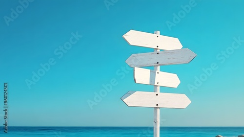 White wooden directional sign post, multiple blank arrows, clear blue sky background, minimalist design, clean and simple, 3D rendering, high contrast, soft shadows. photo