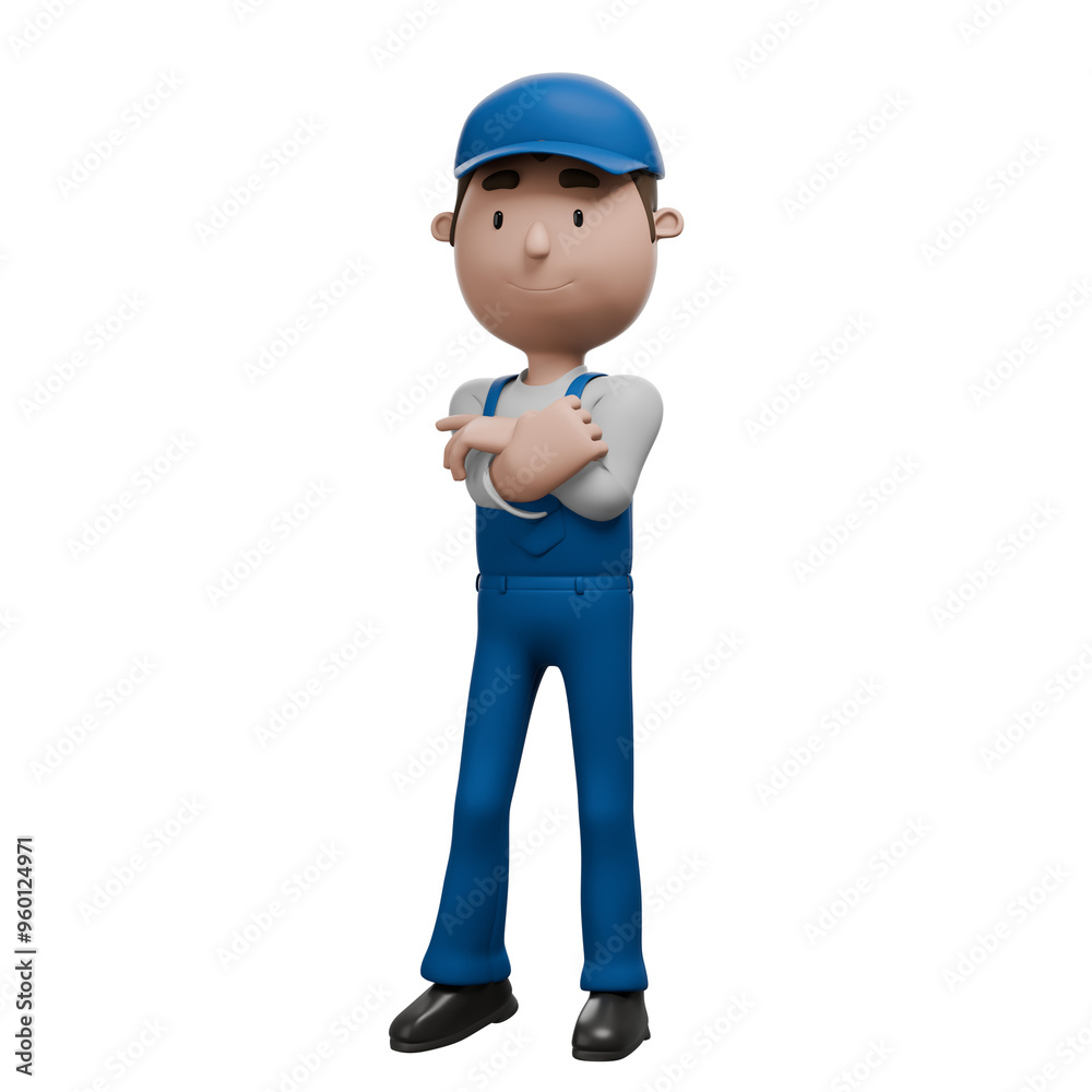 A 3D cartoon mechanic character in blue overalls confidently standing with arms crossed, wearing a blue cap and smiling. A 3D cartoon mechanic character in blue overalls confidently standing with arms crossed, wearing a blue cap and smiling.