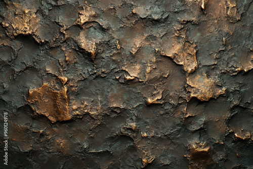 A bronze textured surface with a heavily corroded finish, showing deep pits and variances in tone, reminiscent of ancient relics. photo