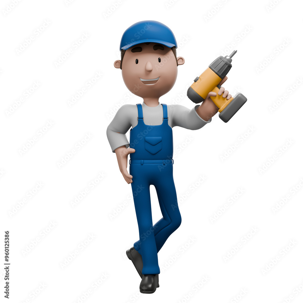 A 3D cartoon mechanic confidently holding a power drill in one hand, wearing blue overalls, a cap, and smiling.. A 3D cartoon mechanic confidently holding a power drill in one hand, wearing blue overalls, a cap, and smiling..