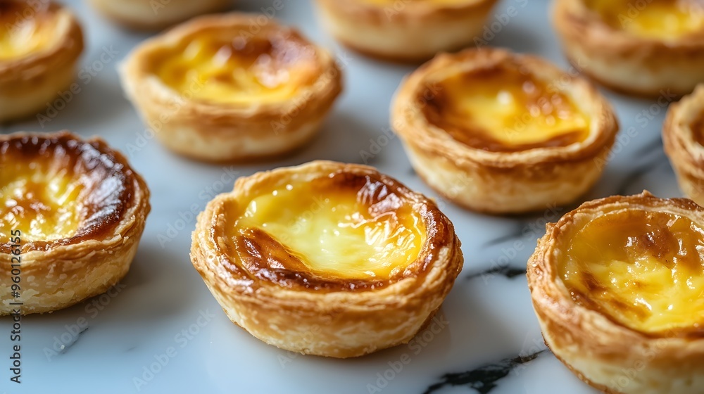 Close up of Multiple Golden Hued Egg Tarts on Marble Surface Close up of Multiple Golden Hued Egg Tarts on Marble Surface