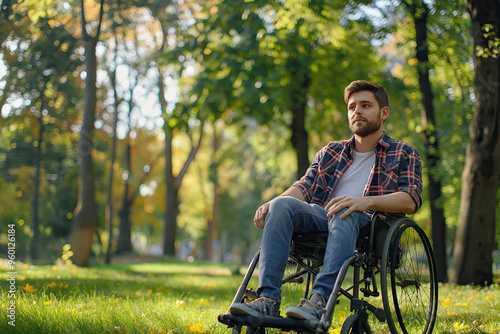 Man in a wheelchair relaxing in a green park, surrounded by trees, sunlight filtering through the branches, portraying a peaceful and carefree moment.