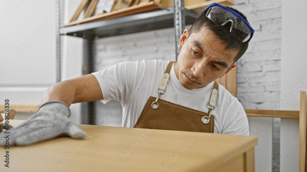 A focused hispanic man wearing safety glasses examines a wooden piece in a carpentry workshop. A focused hispanic man wearing safety glasses examines a wooden piece in a carpentry workshop.