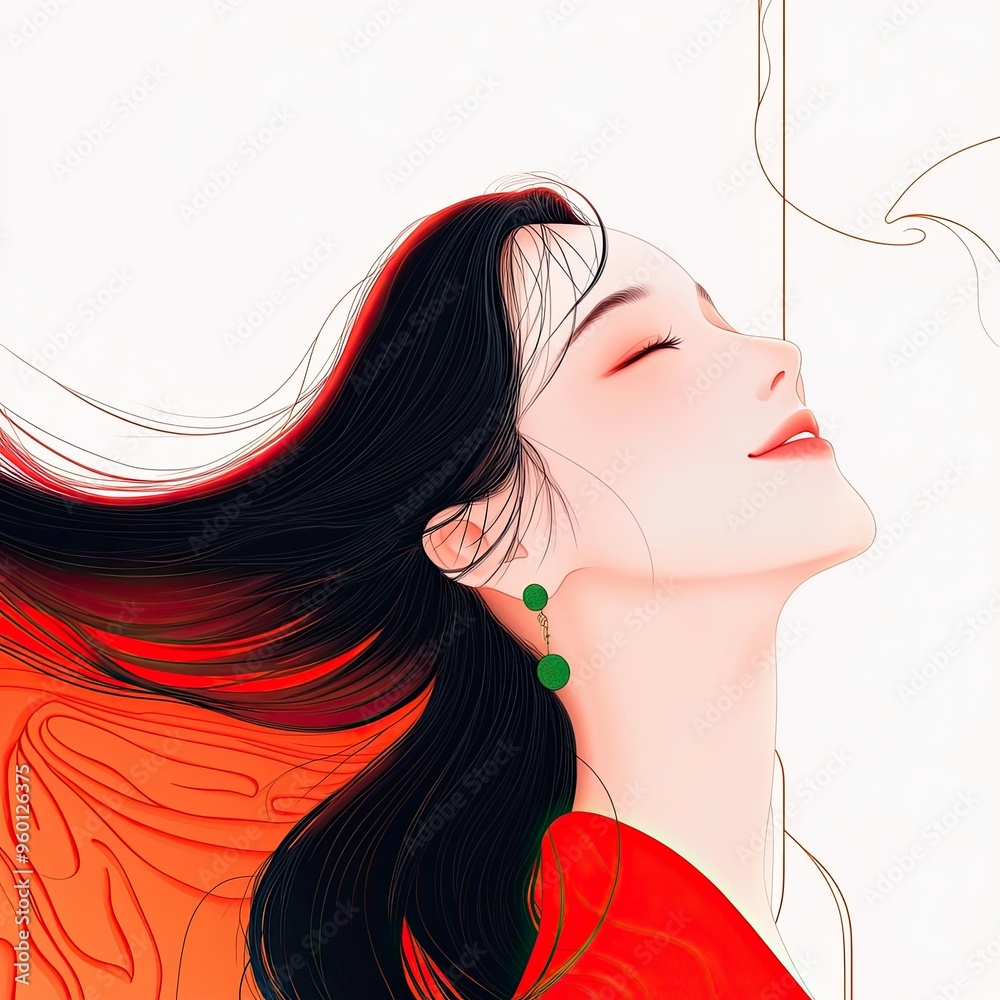 Naklejka premium This elegant illustration depicts a serene Asian woman with flowing black hair, dressed in a vibrant red kimono. She wears earrings and faces the side with closed eyes, capturing a peaceful, white 