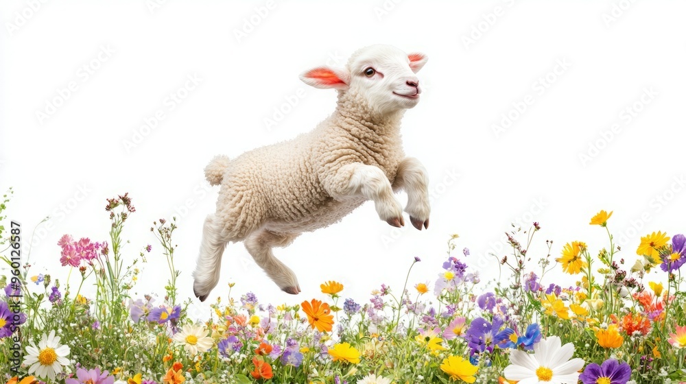 Fototapeta premium A fluffy white lamb leaps over a field of colorful wildflowers.