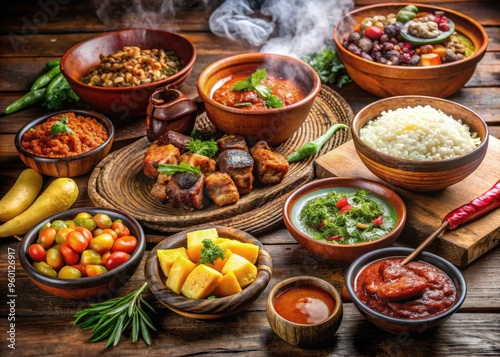 Vibrant colors and aromas abound in this still life of traditional Bolivian dishes, featuring tender anticuchos, crispy salteñas, and steaming bowls of papas a la Huancaina. photo