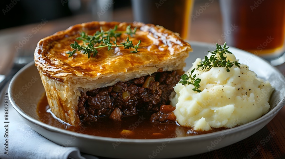 Savory Beef and Ale Pie with a Rich and Hearty Filling on a Plate Savory Beef and Ale Pie with a Rich and Hearty Filling on a Plate