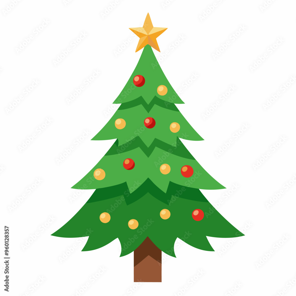 A beautifully decorated Christmas tree with red and yellow balls A beautifully decorated Christmas tree with red and yellow balls