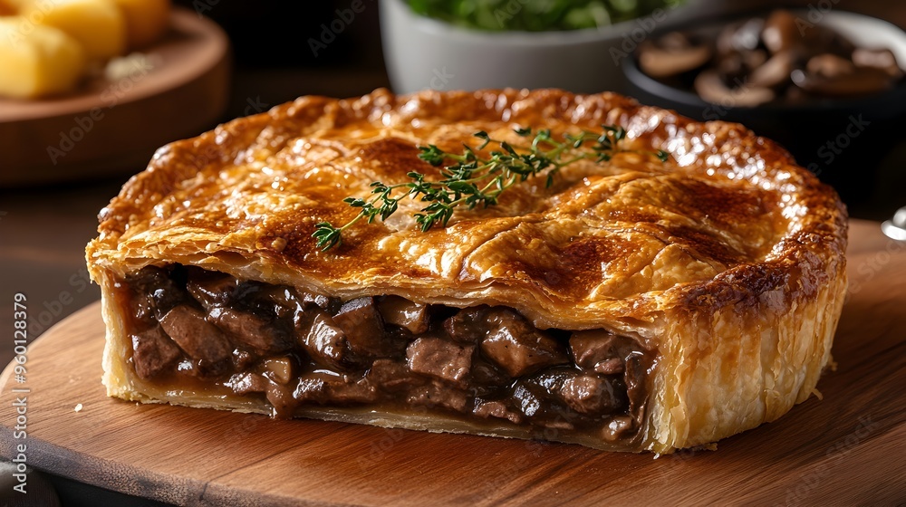 Savory Steak and Mushroom Pie with Flaky Pastry Crust and Hearty Filling Savory Steak and Mushroom Pie with Flaky Pastry Crust and Hearty Filling