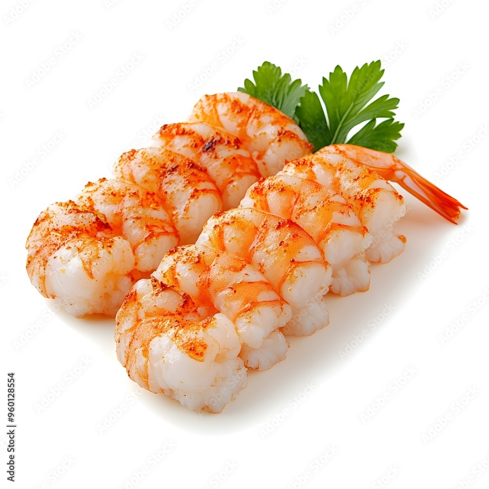 Macro Shot of Fresh Raw Ebi Shrimp Sashimi style on White Background Macro Shot of Fresh Raw Ebi Shrimp Sashimi style on White Background