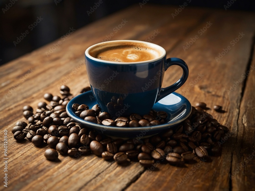 A coffee cup accompanied by coffee beans on a wooden table, offering space for text or design. A coffee cup accompanied by coffee beans on a wooden table, offering space for text or design.