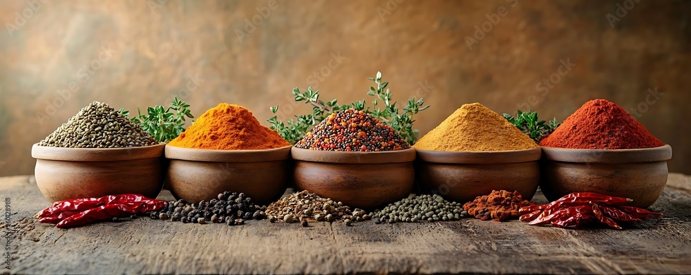Aromatic Photo of Colorful Spices in Bowls on Rustic Wooden Table