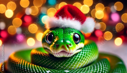 Vibrant green snake with a Santa hat in a festive setting with bokeh lights. New Year's Eve 2025 snake. Drawing on sand, symbolism, eastern calendar photo