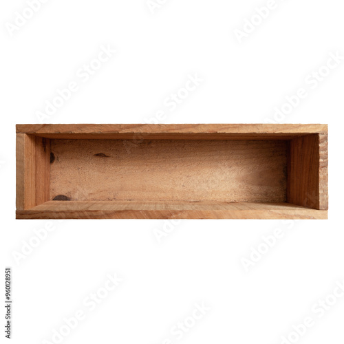 Open wooden box isolated on transparent background. handmade wooden box empty, insulated, open, oblong, rectangular, new, with lining.