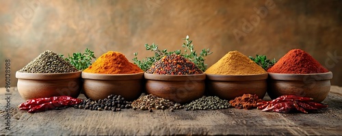 Obraz na płótnie Aromatic Photo of Colorful Spices in Bowls on Rustic Wooden Table w salonie