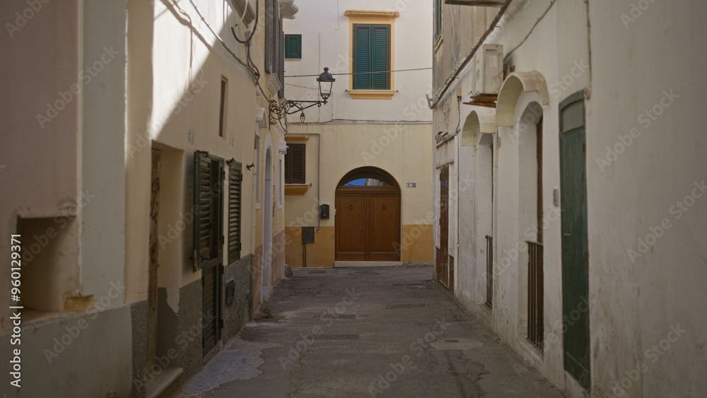 Obraz premium Quiet narrow alleyway in gallipoli, puglia in salento, italy, showcasing rustic buildings and traditional architecture on a serene day.