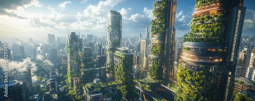 A cluster of high-tech skyscrapers in a futuristic city, connected by sky bridges and featuring vertical gardens, showcasing the vision of tomorrow s urban architecture photo