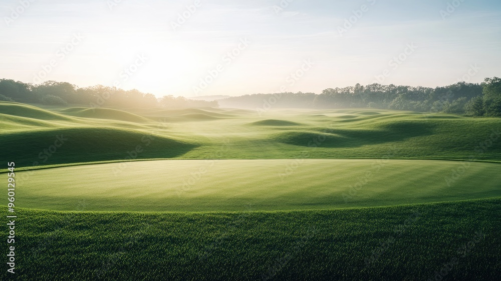 A wide, empty golf course with perfectly trimmed greens and scenic views, basking in the morning light. A wide, empty golf course with perfectly trimmed greens and scenic views, basking in the morning light.