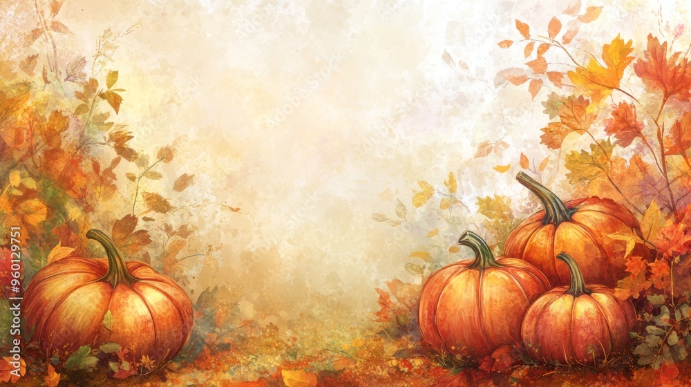 An inviting autumn harvest backdrop with a collection of pumpkins on a field of colorful fall leaves. The pumpkins are in different sizes and shades, creating a festive and warm atmosphere. The An inviting autumn harvest backdrop with a collection of pumpkins on a field of colorful fall leaves. The pumpkins are in different sizes and shades, creating a festive and warm atmosphere. The