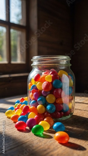 A glass jar filled with colorful candy on a wooden table, with some candy scattered around and sunlight streaming through a window.