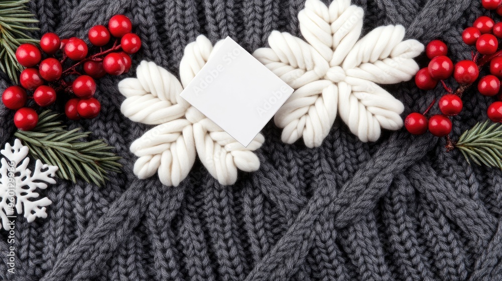 Two empty business cards rest on a textured knitted sweater, complemented by pine branches and red berries, evoking a warm and inviting winter setting Two empty business cards rest on a textured knitted sweater, complemented by pine branches and red berries, evoking a warm and inviting winter setting