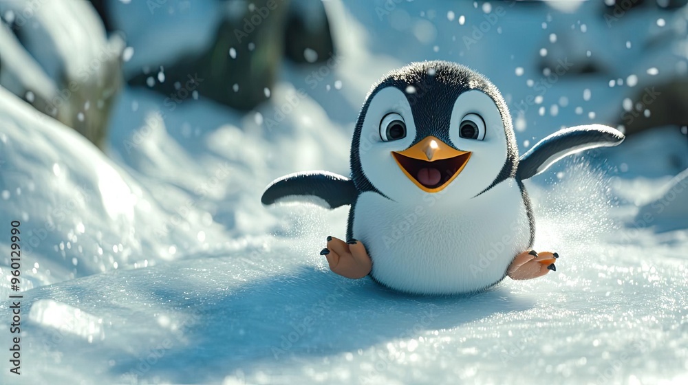 Fototapeta premium A comical cartoon penguin sliding down an icy slope on its belly, with a wide smile and flippers spread out for balance