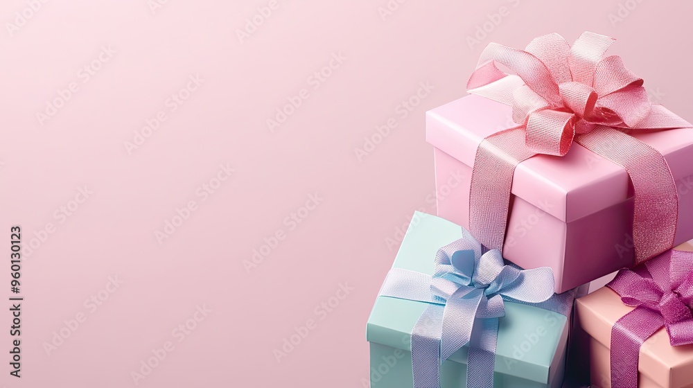 A collection of beautifully wrapped gift boxes in pastel colors against a soft background. A collection of beautifully wrapped gift boxes in pastel colors against a soft background.