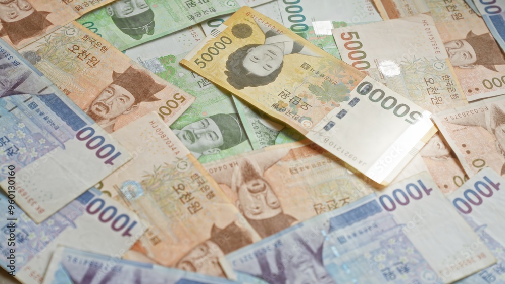South korean banknotes scattered showcasing various denominations of won, emphasizing the detail and diversity of the currency. South korean banknotes scattered showcasing various denominations of won, emphasizing the detail and diversity of the currency.