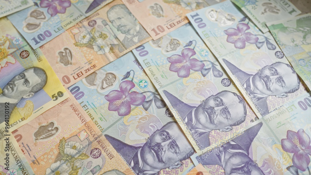 Romanian banknotes in various denominations are scattered, showcasing leu and lei currency details with vibrant designs. Romanian banknotes in various denominations are scattered, showcasing leu and lei currency details with vibrant designs.