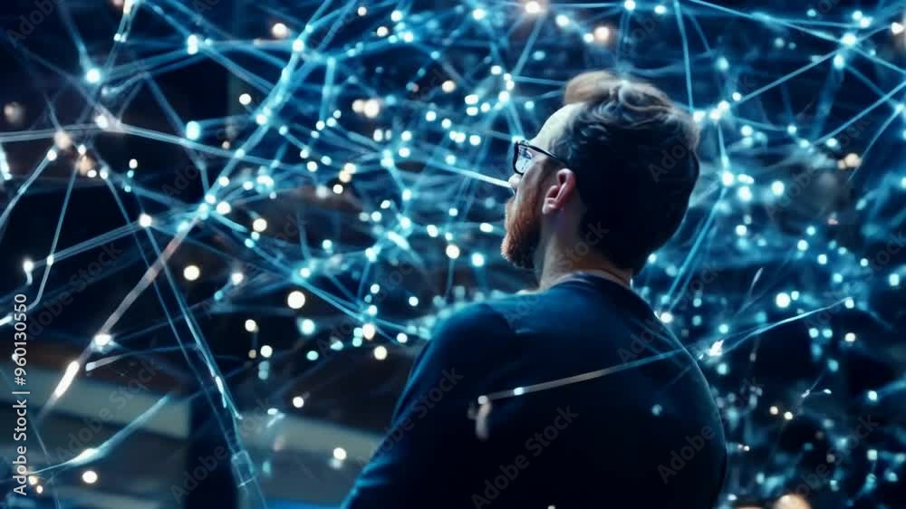 The scientist carefully studies the structure of the artificial intelligence neural network.