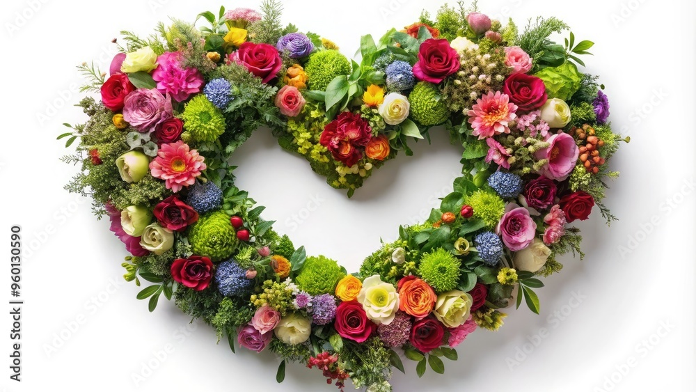Vibrant flowers and lush greenery intertwined to form a romantic heart-shaped wreath, perfect for Valentine's Day, weddings, or anniversary celebrations, conveying love and affection.