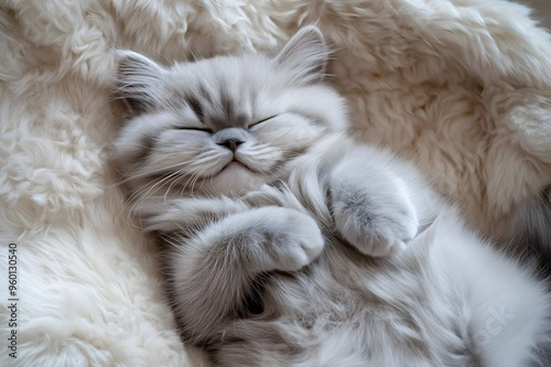 Adorable kitten snuggled on a fluffy blanket photo