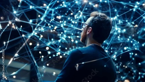 The scientist carefully studies the structure of the artificial intelligence neural network.
