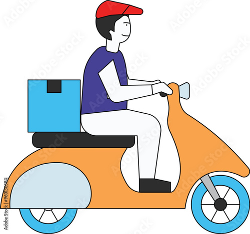 The boy is going to deliver the package on a scooter.