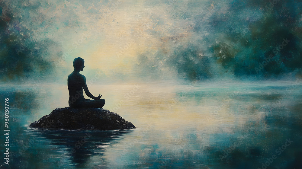 A serene, calm figure sitting cross-legged on a rock in the middle of a peaceful lake, with gentle ripples spreading across the water and soft light reflecting from the surface, embodying inner peace A serene, calm figure sitting cross-legged on a rock in the middle of a peaceful lake, with gentle ripples spreading across the water and soft light reflecting from the surface, embodying inner peace