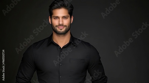 A tall, handsome man with a muscular physique and perfect facial features stands confidently in an elegant shirt, set against a dark backdrop that enhances his presence.